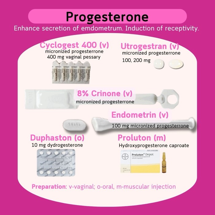 Progesterones for endometrial preparation and support — Cyclogest, Utrogestran, Endometrin, Crinone, Duphaston, Proluton